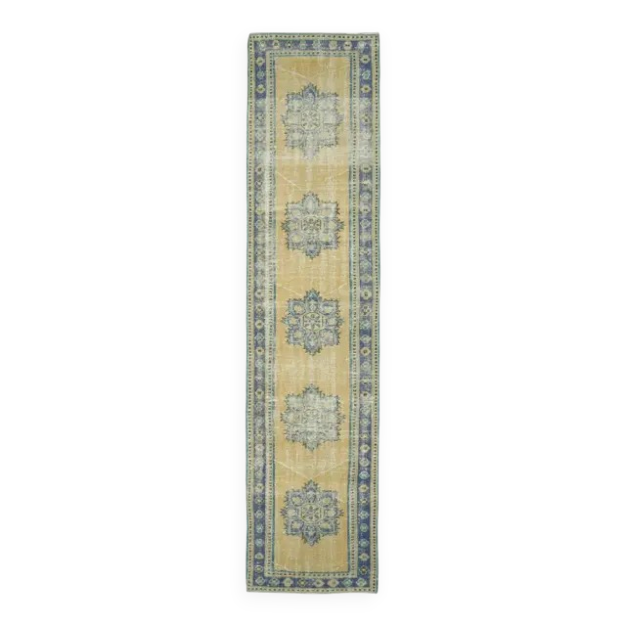 Vintage Turkish hand-knotted wool cotton yellow runner 78x340