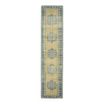 Vintage Turkish hand-knotted wool cotton yellow runner 78x340