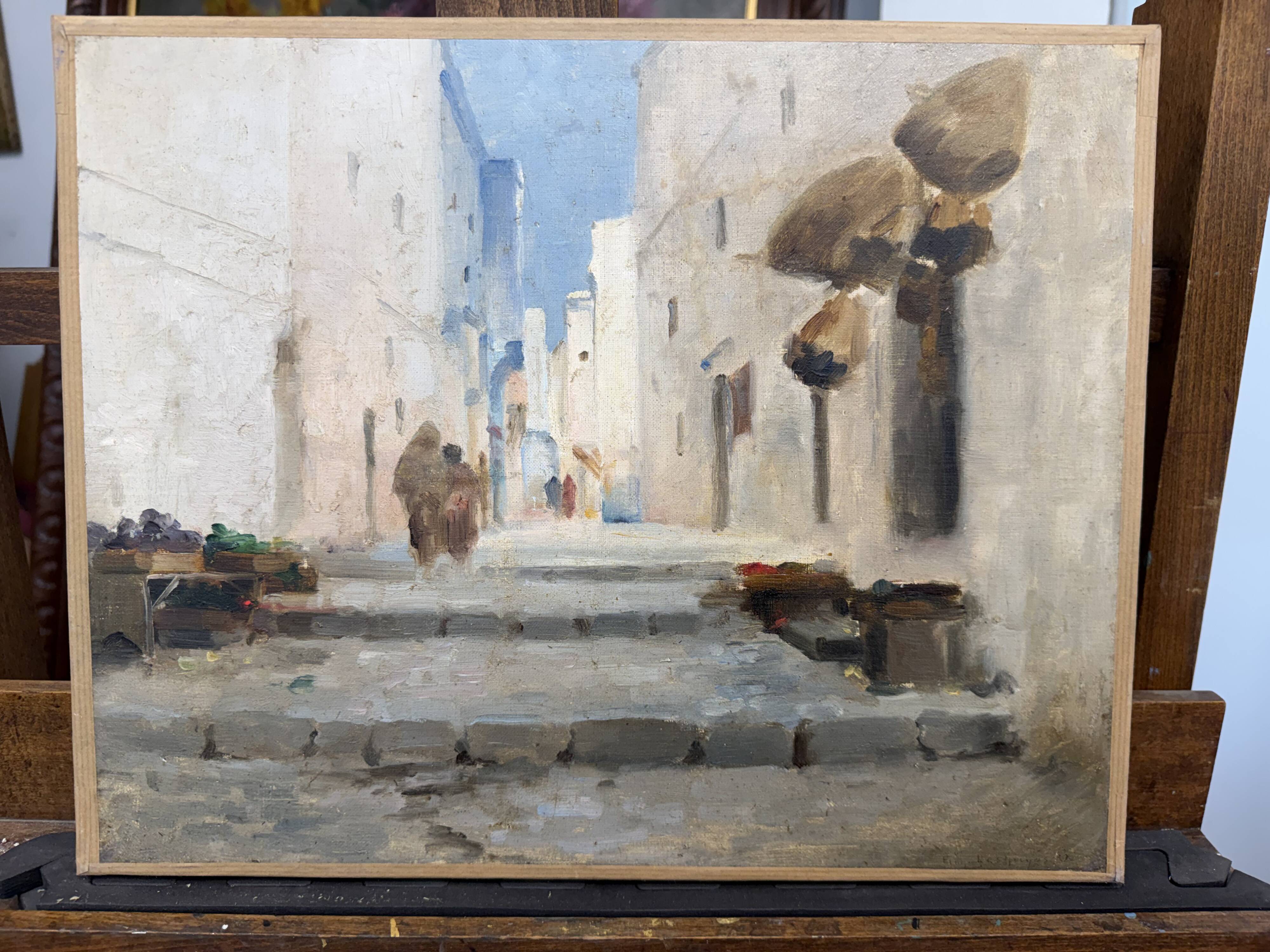 Vintage Orientalist painting – alley in the Maghreb – oil on canvas signed E