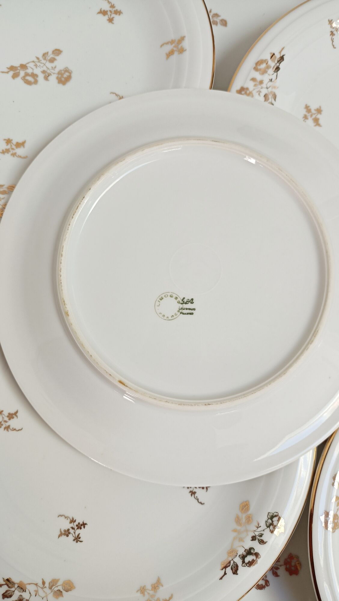 Set of 9 flat plates in Limoges porcelain, white and gold