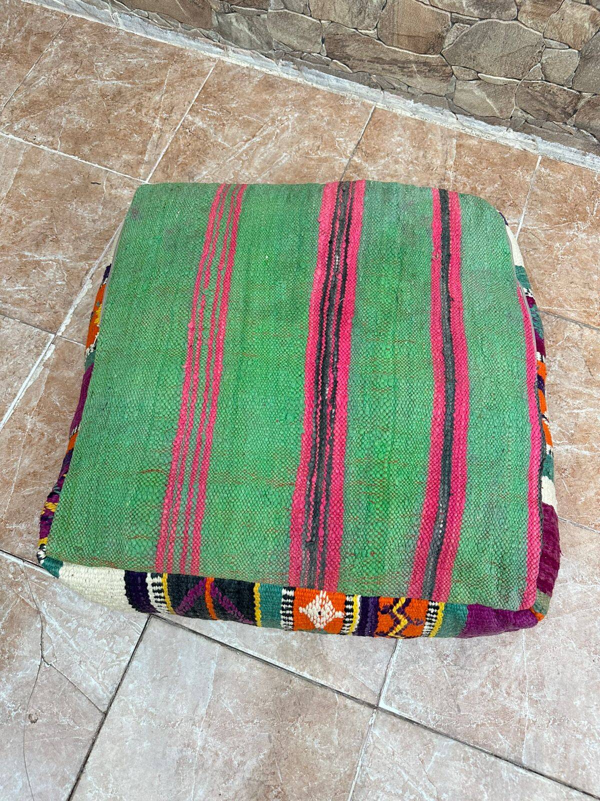 Handmade Moroccan Kilim Pouf: Vintage Berber Wool Floor Cushion