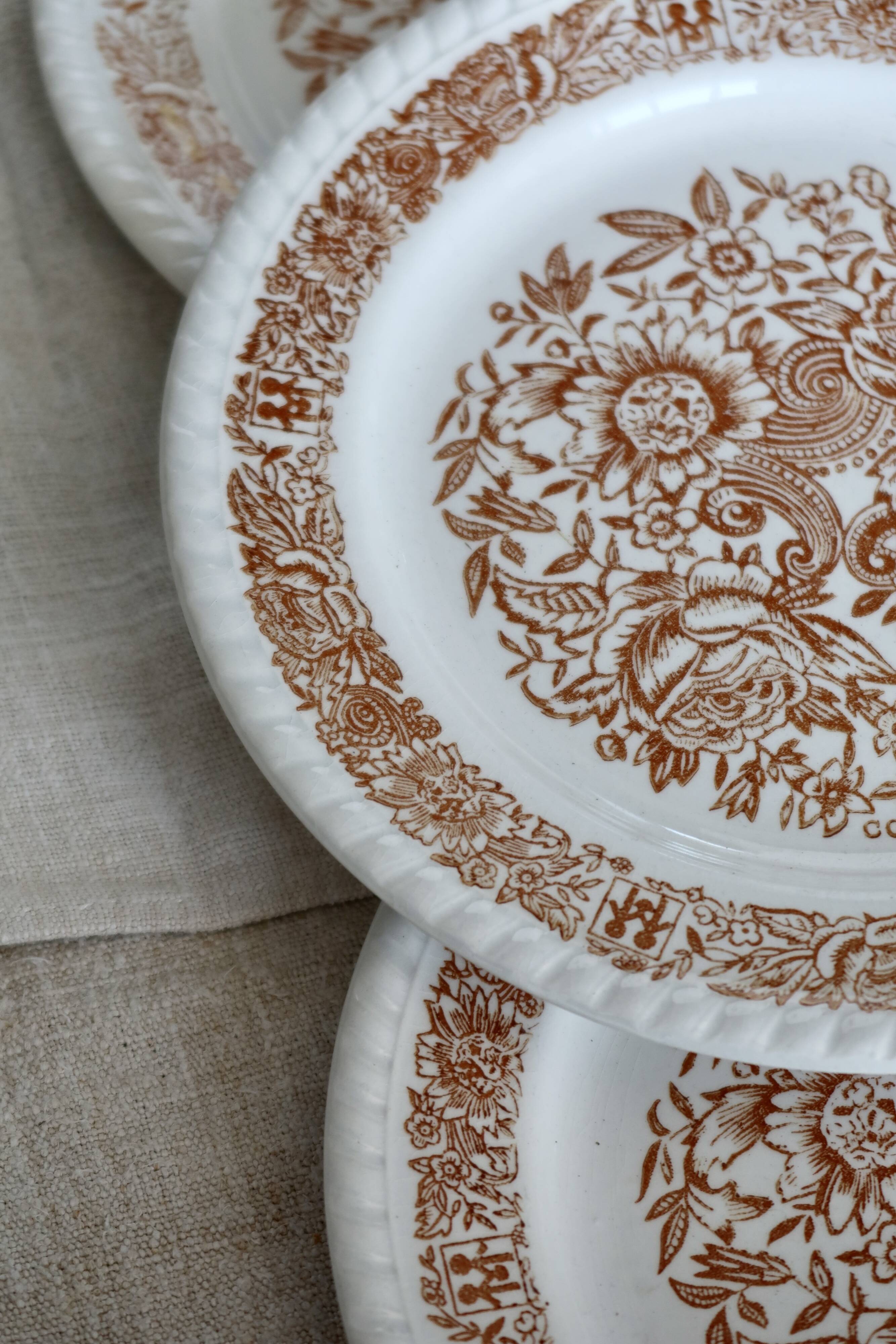 6 assiettes à dessert vintage fleuries – Codec – Décor brun rustique