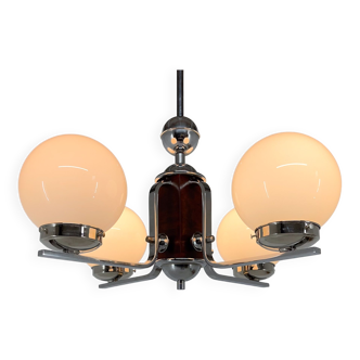 Art Deco Chrome & Wood Chandelier, Restored, Czechoslovakia