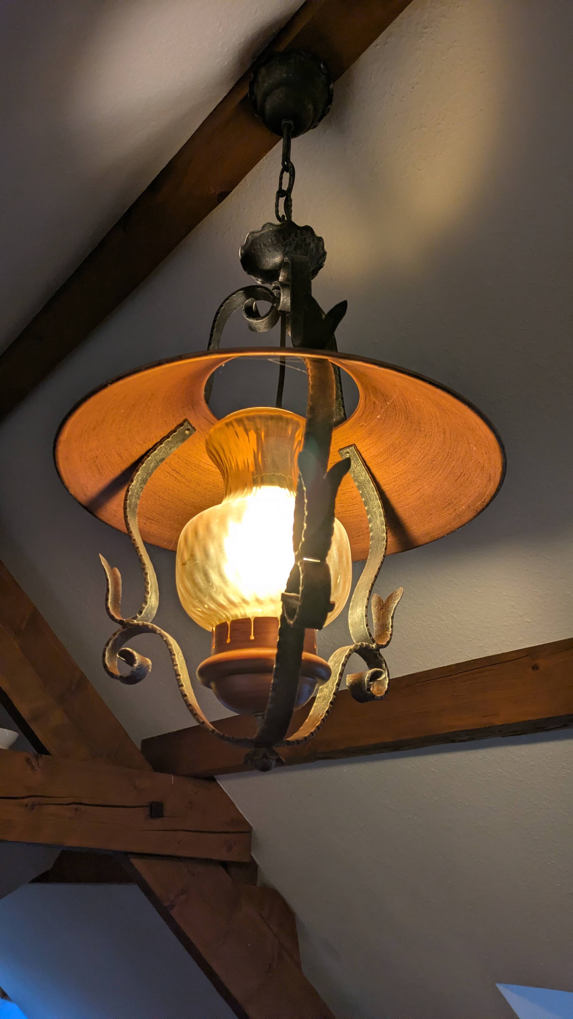 Vintage suspension in copper, wrought iron and glass