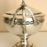 Antique trophy-shaped sugar bowl, silver-plated metal and glass verrine