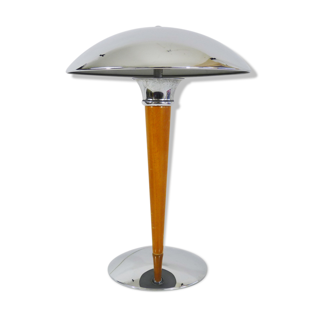 Ancienne lampe de table champignon dite " Paquebot " Titan 200 7. Bois et  métal chromé. A 2 feux | Selency