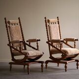 Pair of sculptural Danish modern rocking chairs in lambswool and oak, brutalist, 1950.