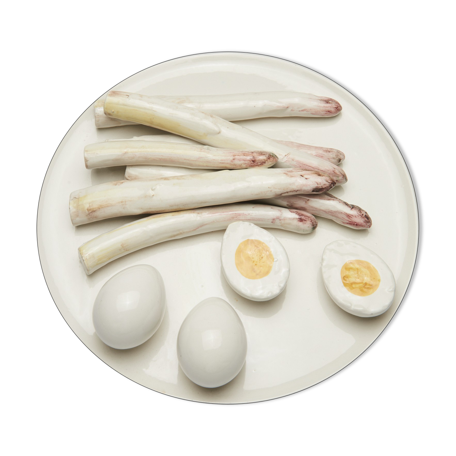 Wall plate with asparagus and hard-boiled eggs in relief, origin Italy