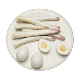 Assiette murale avec asperges et oeufs durs en relief, origine Italie