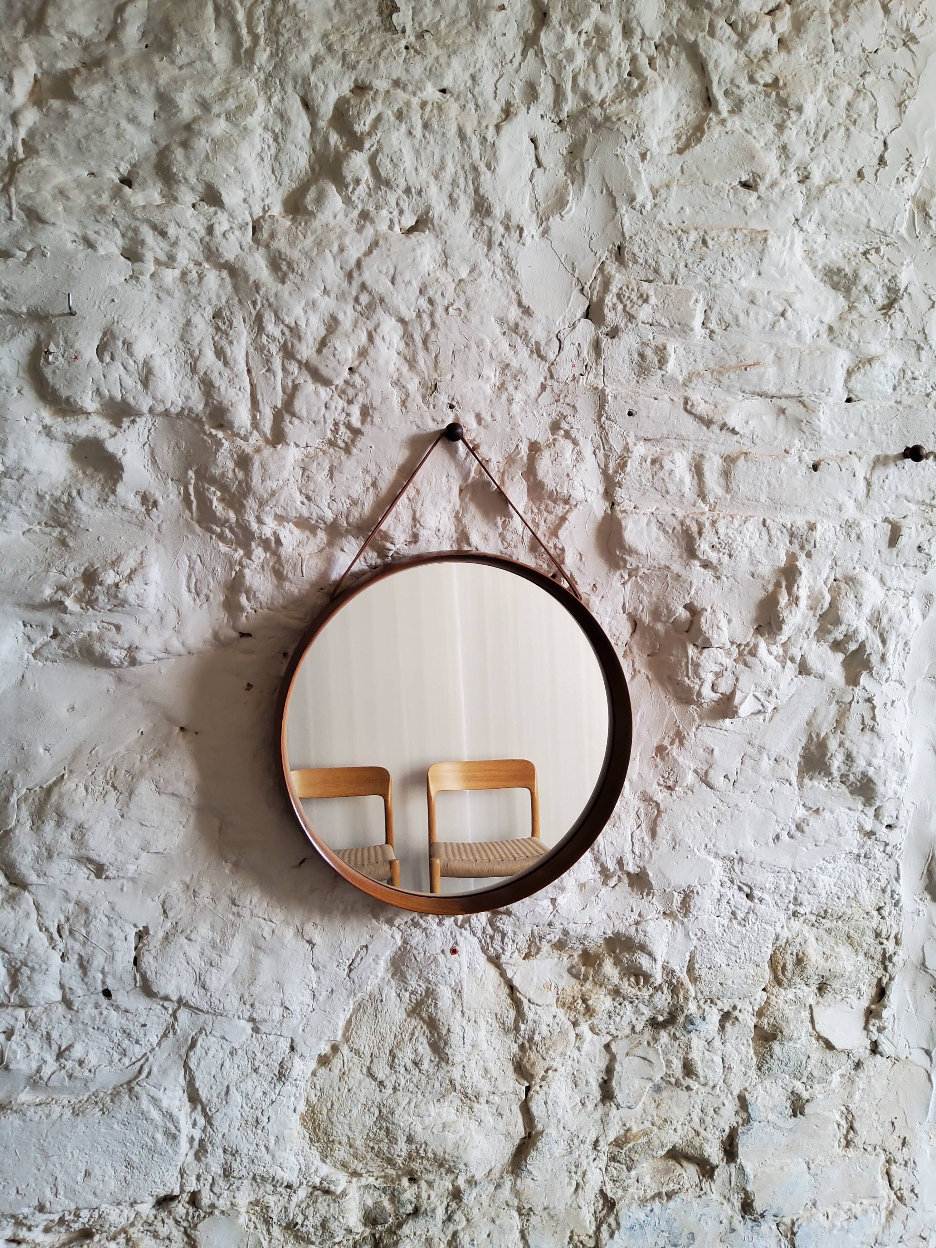 Round teak mirror Uno and Osten Kristiansson Luxus Vittsjö, Scandinavian
