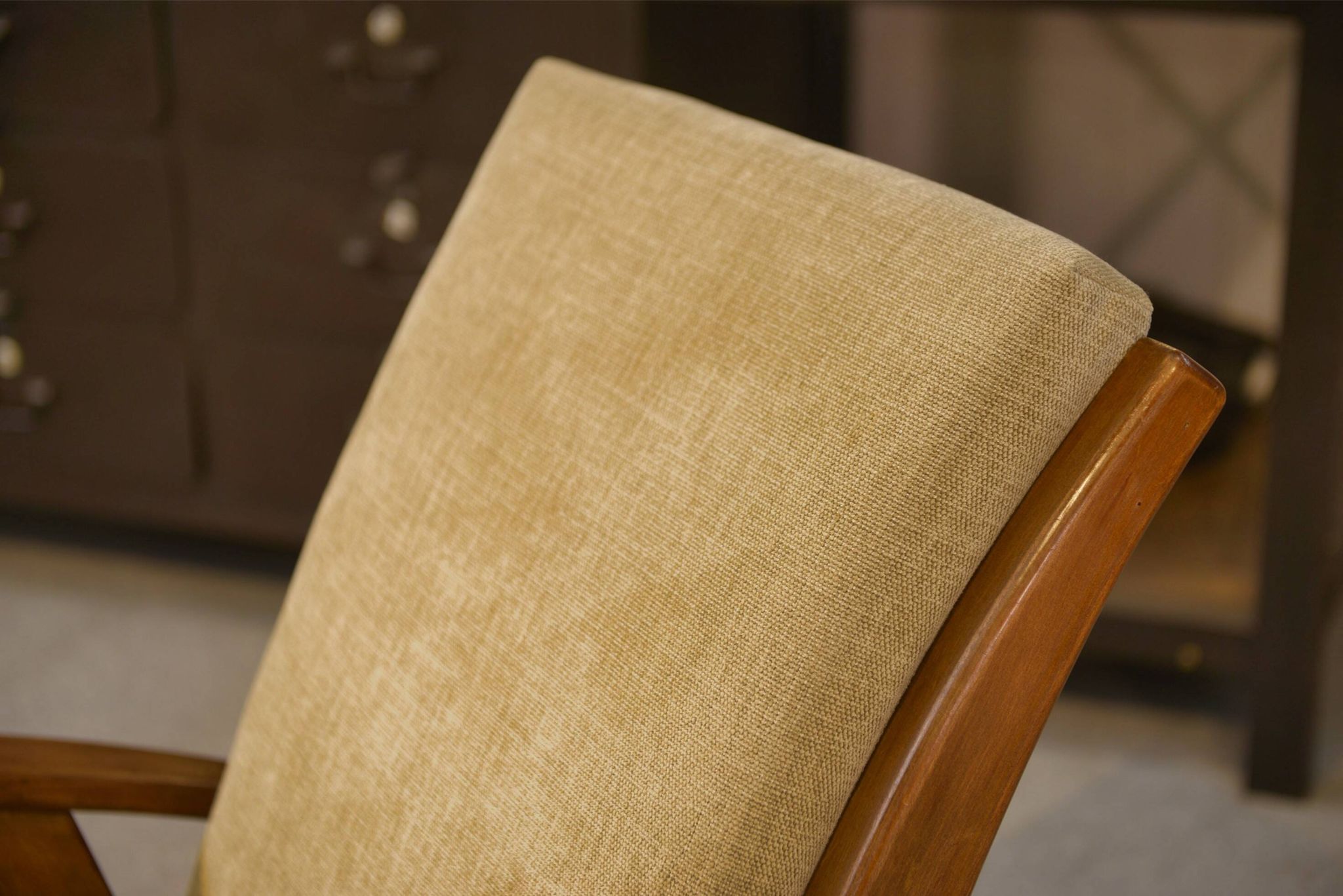 Scandinavian armchair and two 1960s ottomans.