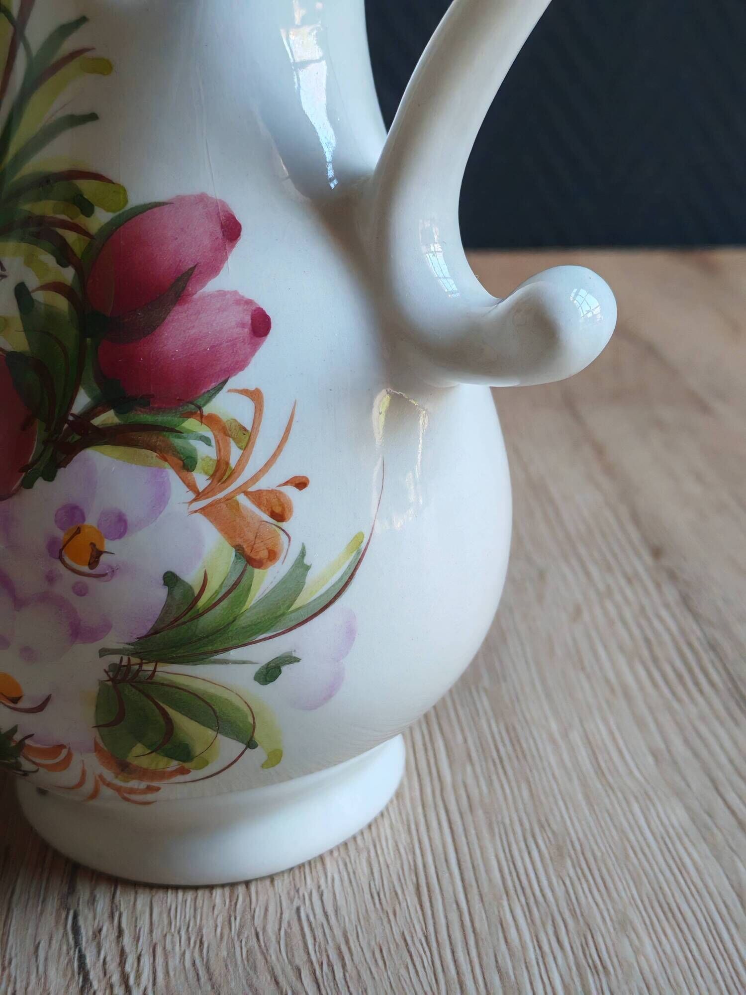 Vintage Ceramic Jug Hand-Painted Multicoloured Floral Decor, Ewer