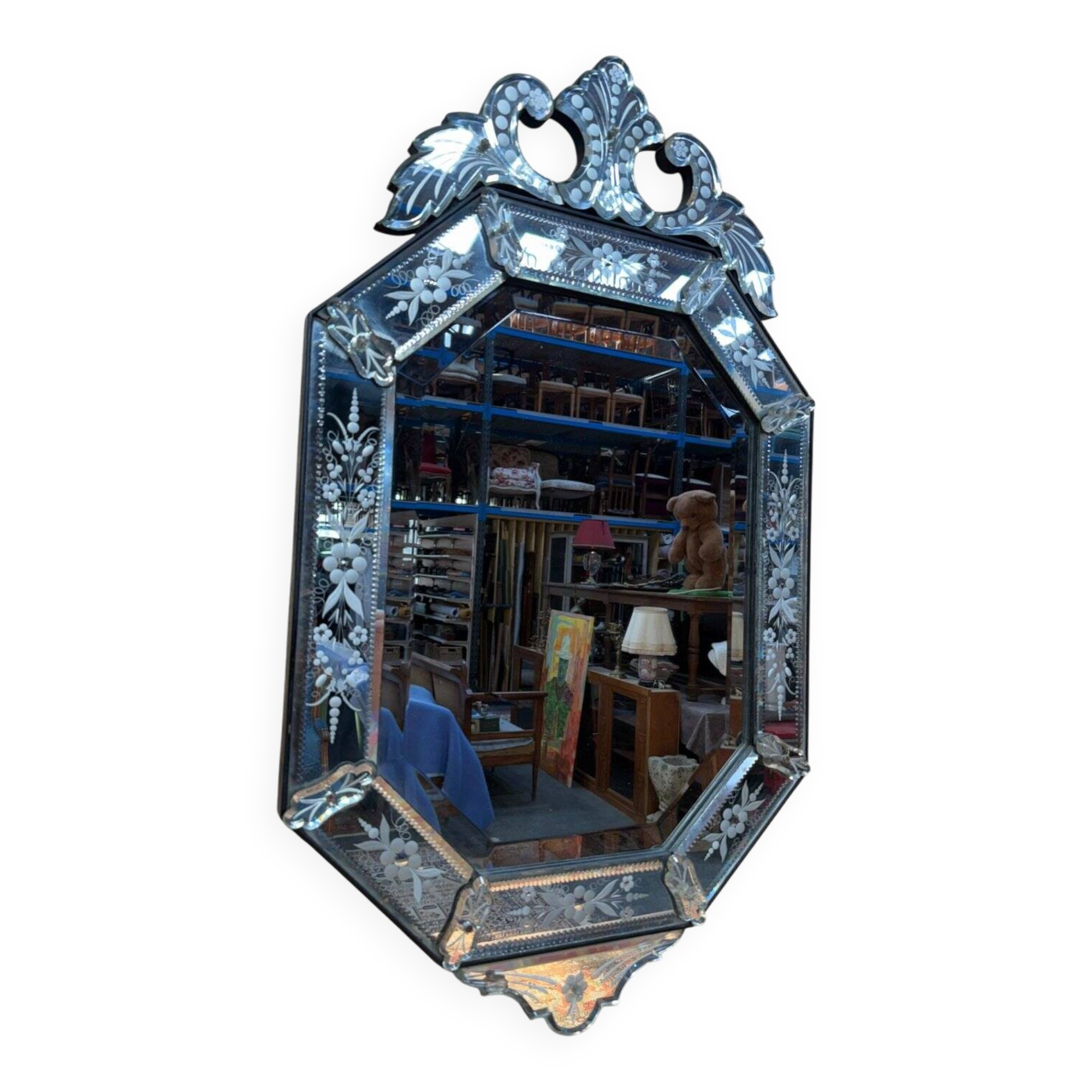 Miroir vénitien octogonal – Époque Napoléon III – Verre biseauté gravé