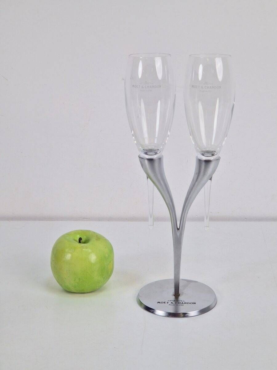 Crystal Champagne Flutes in Holder by Philippe Di Meo for Moët & Chandon, 1980s, Set of 2
