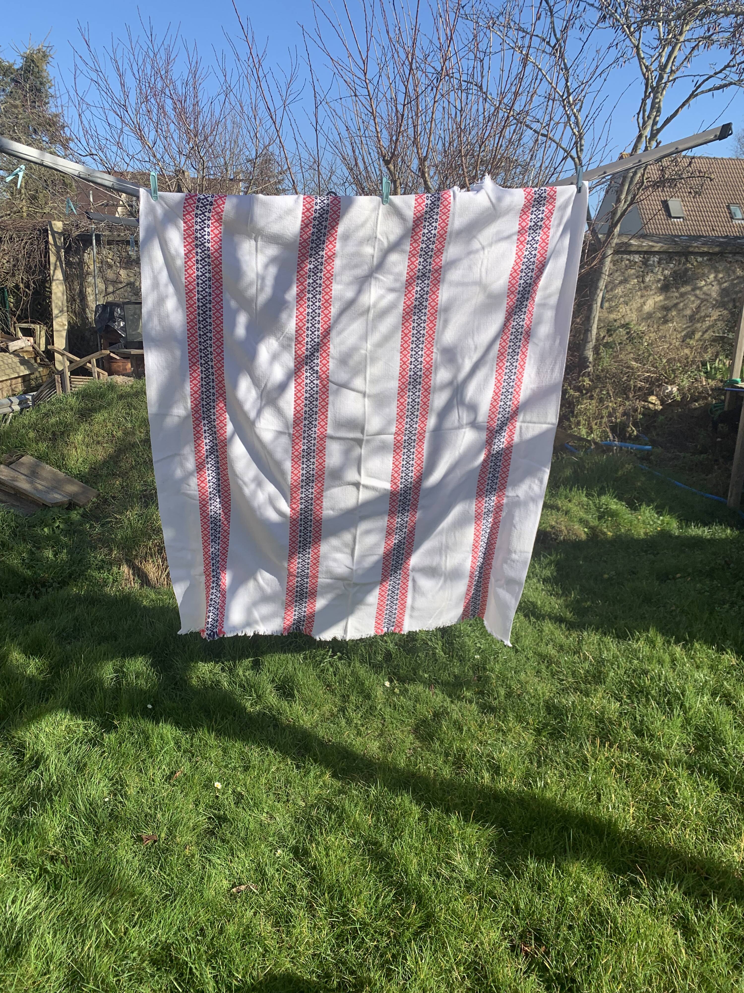 Rectangular tablecloth, Basque linen, original, pink and indigo blue frieze pattern on white cotton