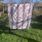 Rectangular tablecloth, Basque linen, original, pink and indigo blue frieze pattern on white cotton