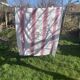 Rectangular tablecloth, Basque linen, original, pink and indigo blue frieze pattern on white cotton