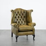 Moss green cow leather Chesterfield wingback armchair in English style