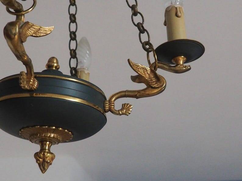 Vintage French Empire Swan Chandelier: Bronze Brass Toleware, C1950s