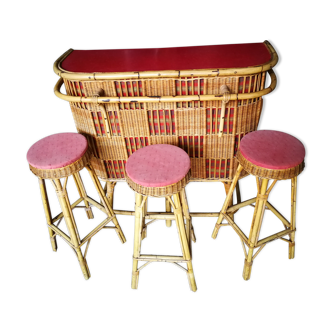 Rattan and wicker bar and stools