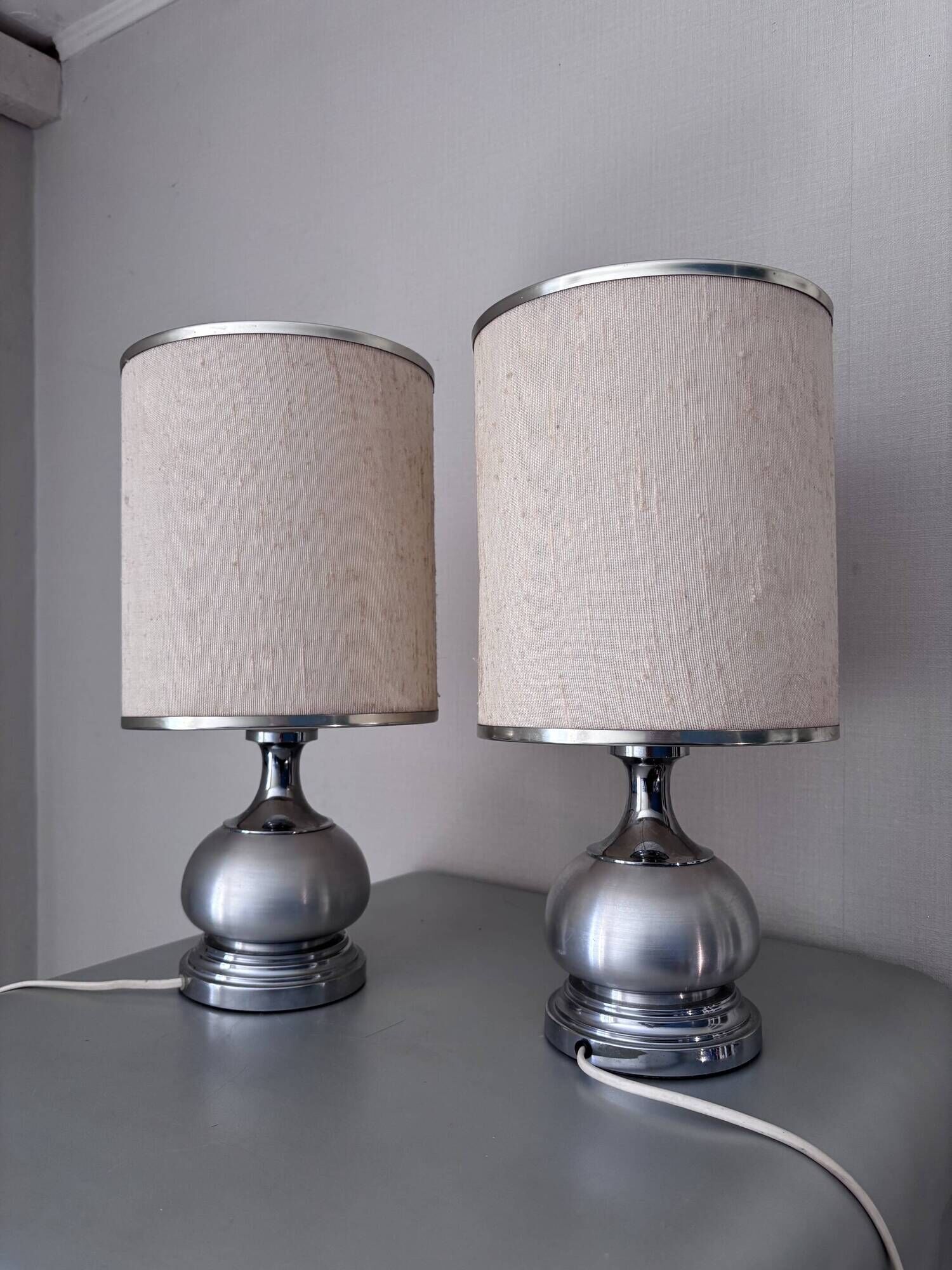 Vintage 1970s Chrome Brushed Metal Bedside Lamps Rewired Space Age