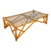Vintage rectangular coffee table in rattan and smoked glass from the 1970s.