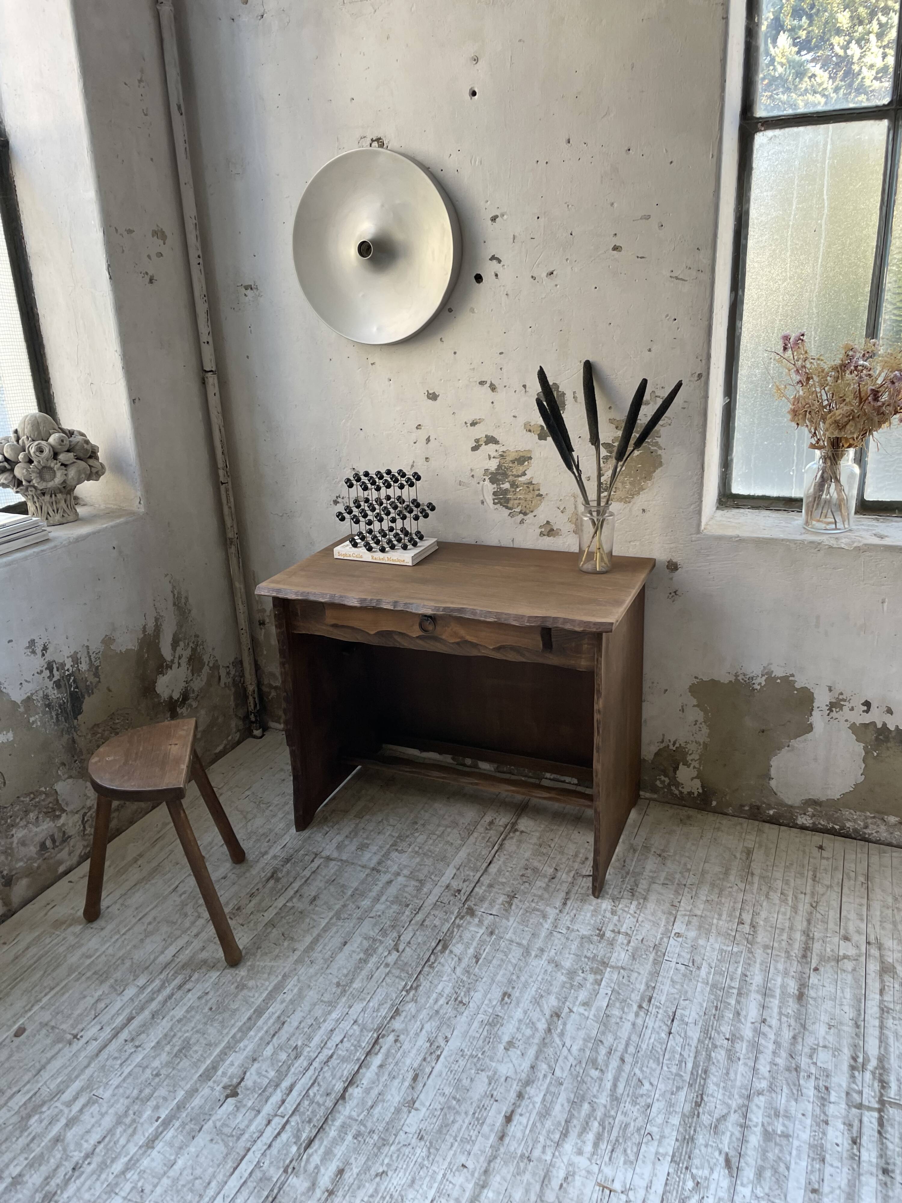 Brutalist desk in elm, signed Aranjou.