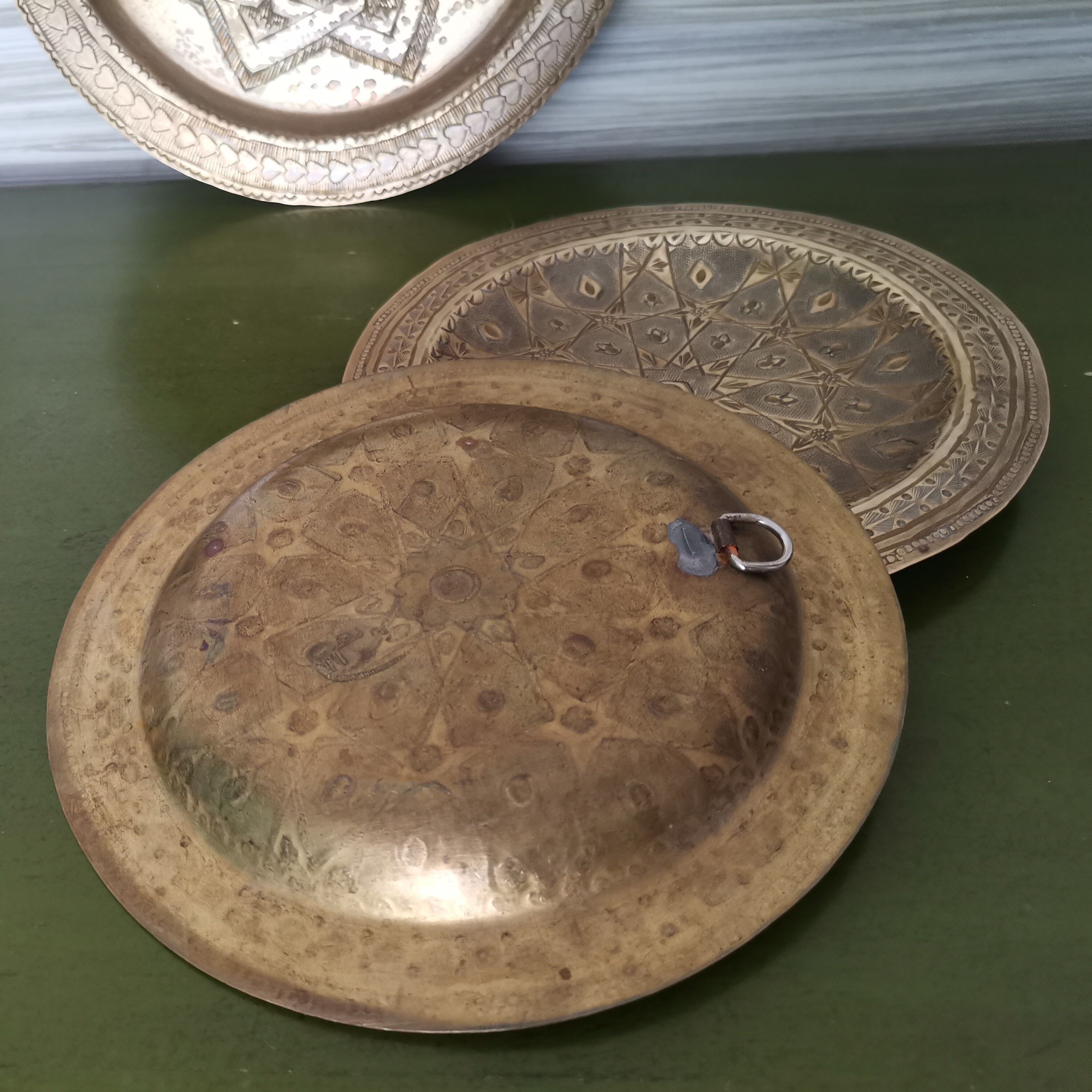Set of 3 vintage moroccan brass decorative wall plates