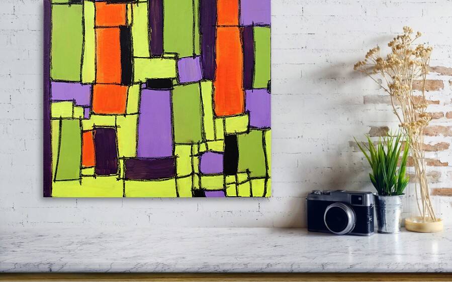 Modern abstract green, yellow, purple and orange mixed media painting