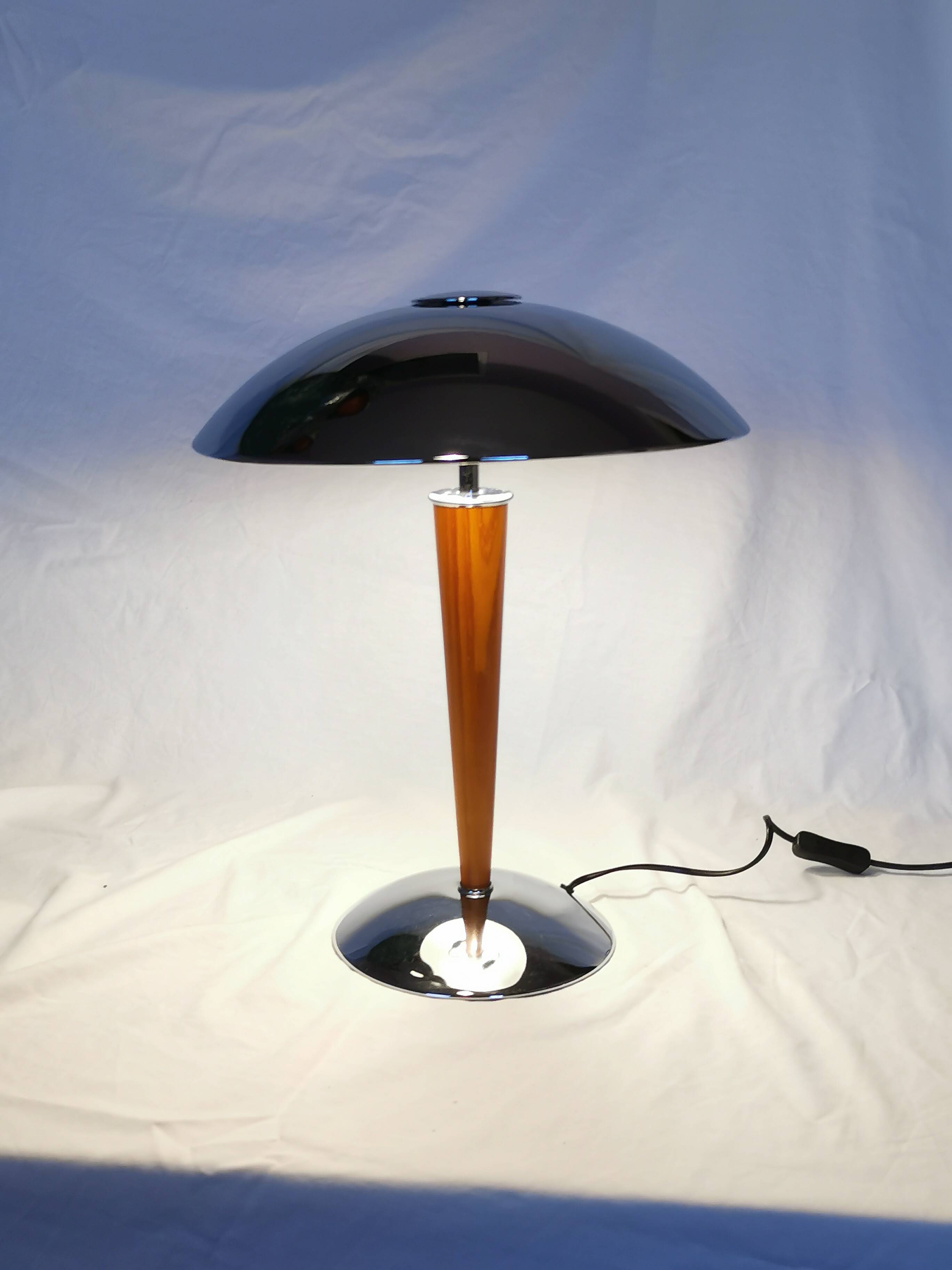 Large double bulb liner lamp, chrome and wood, 1980