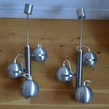 Pair of 70s space age eye ball chandeliers in brushed aluminum