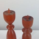 Vintage pair of sculptural teak candlesticks in Scandinavian style.