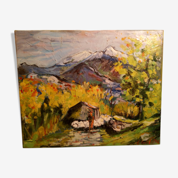 Peinture à l’huile sur toile " vue sur le Ganigou" signée de l’Atelier d'art Françoise Griffiths