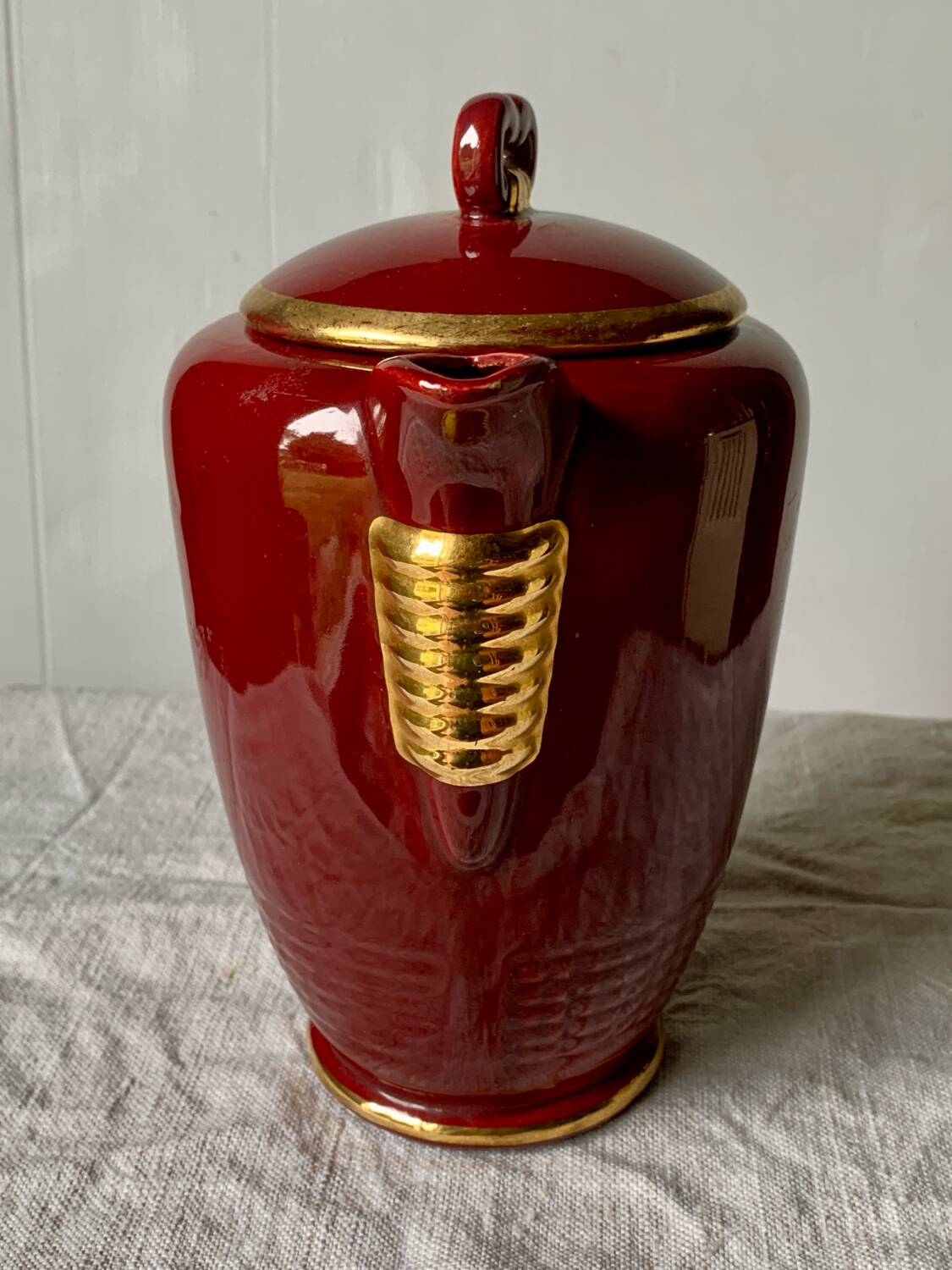 Antique Saint Clément coffee pot in burgundy and gold