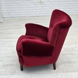 1960s, Danish armchair, cherry-red furniture velour, beech wood legs.