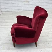 1960s, Danish armchair, cherry-red furniture velour, beech wood legs.