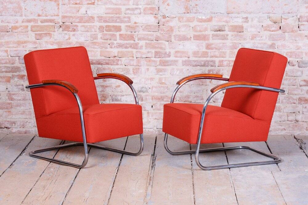 Bauhaus Armchairs in Beech & Chrome attributed to Mücke-Melder, Czech, 1930s, Set of 2