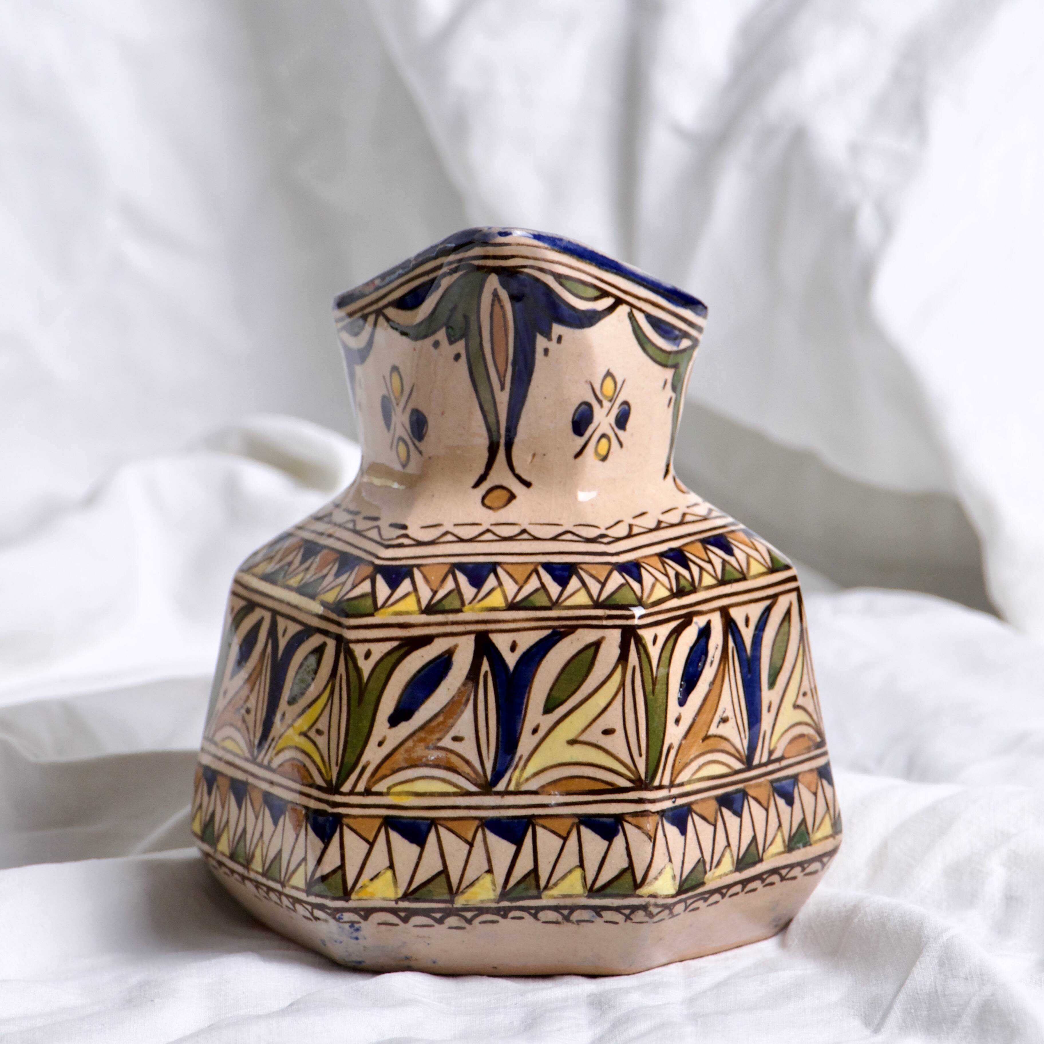 Antique hexagonal carafe in ceramic art from Fes