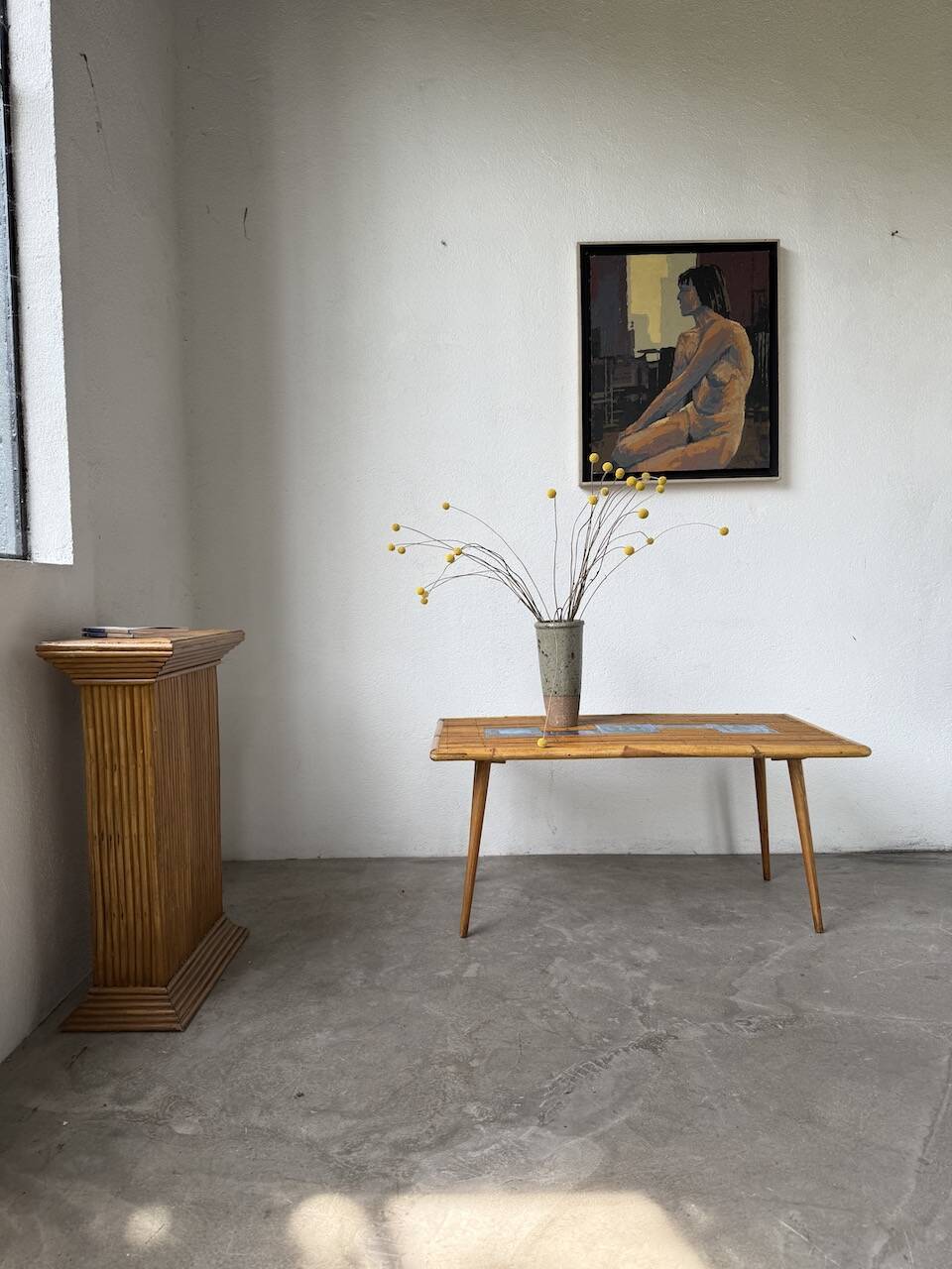 Rattan and ceramic coffee table, 60s
