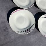 Vintage white hollow plates with purple polka dots