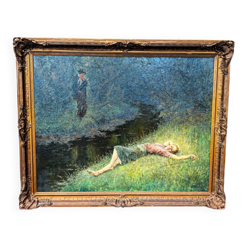 Important oil on canvas, Frans Simon, figurative scene, Belgium, late of the