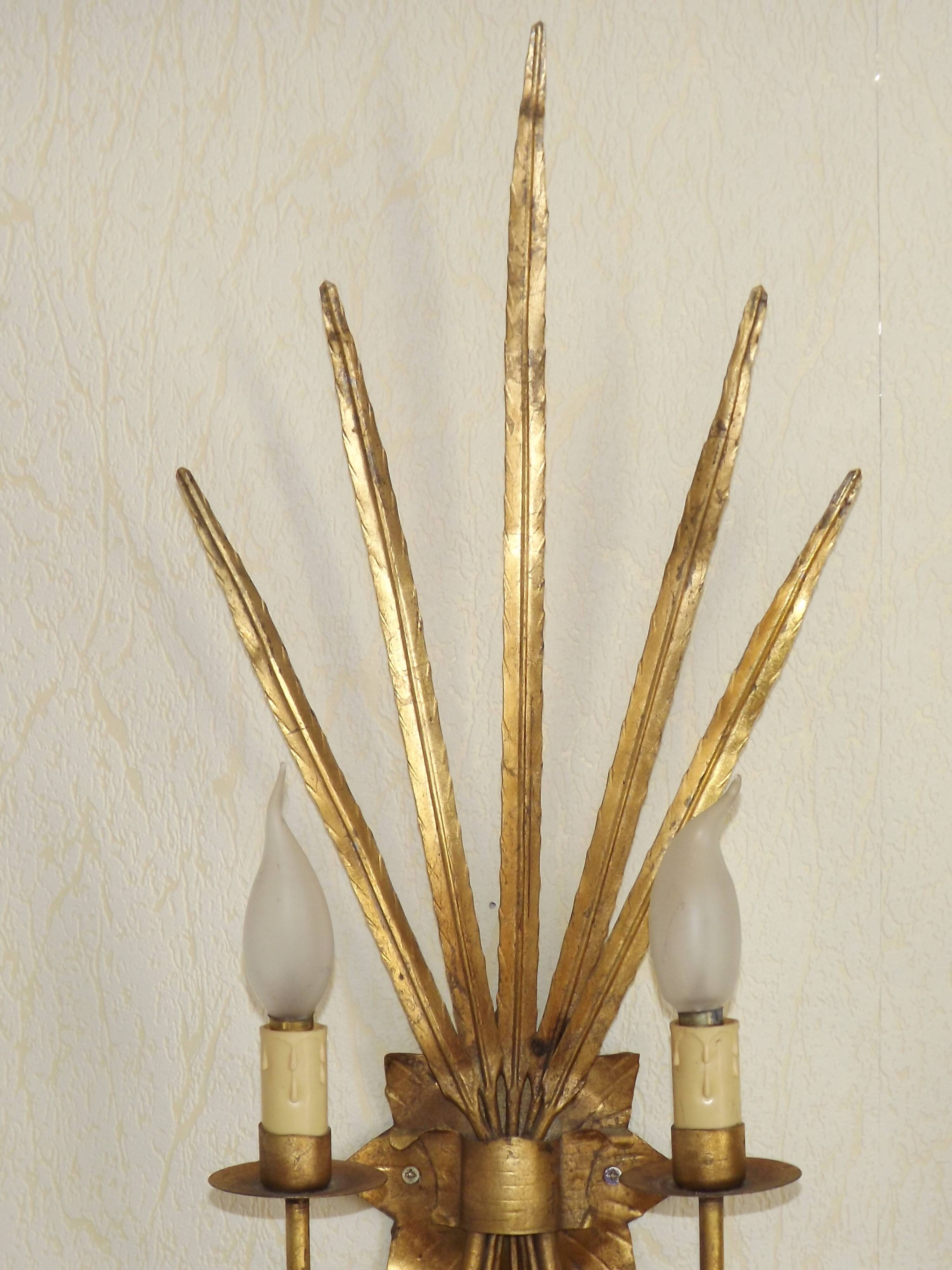 Matching Pair Large 'Ferro Art' Spain, 1950s Reed Leaf Double Wall Lights 5