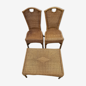Set of two chairs and coffee table in vintage rattan