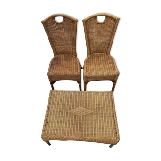 Set of two chairs and coffee table in vintage rattan