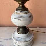 Round lamp base in white patina wood and brass