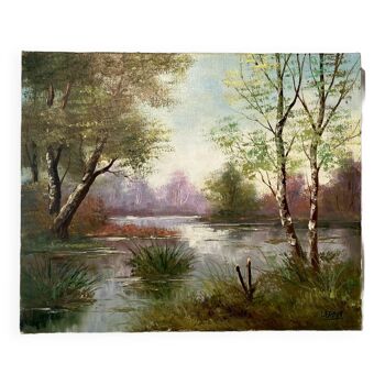 Old painting, landscape at the pond, signed Leroux, XX century