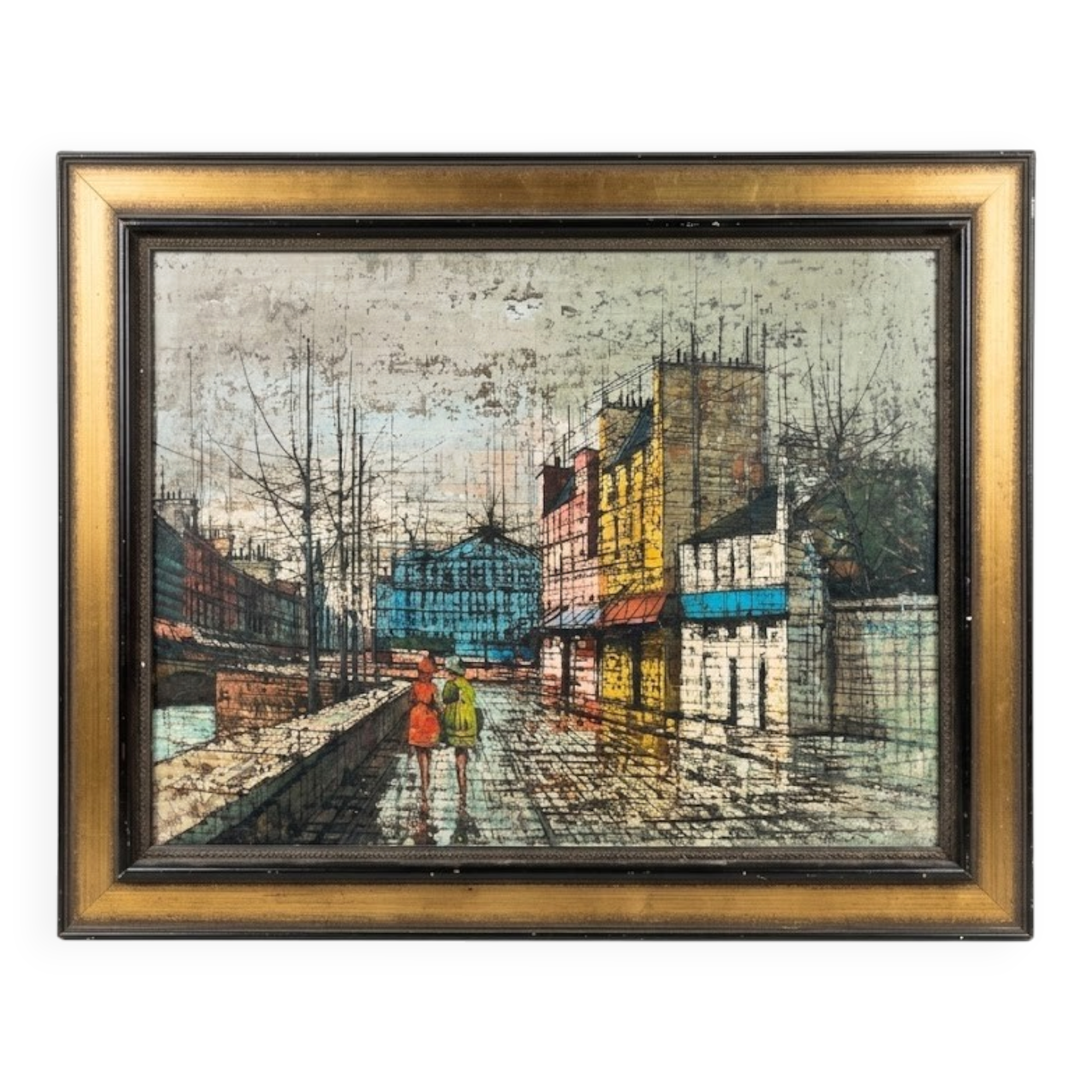 Grand tableau scene de rue urbaine esprit Bernard Buffet années 60