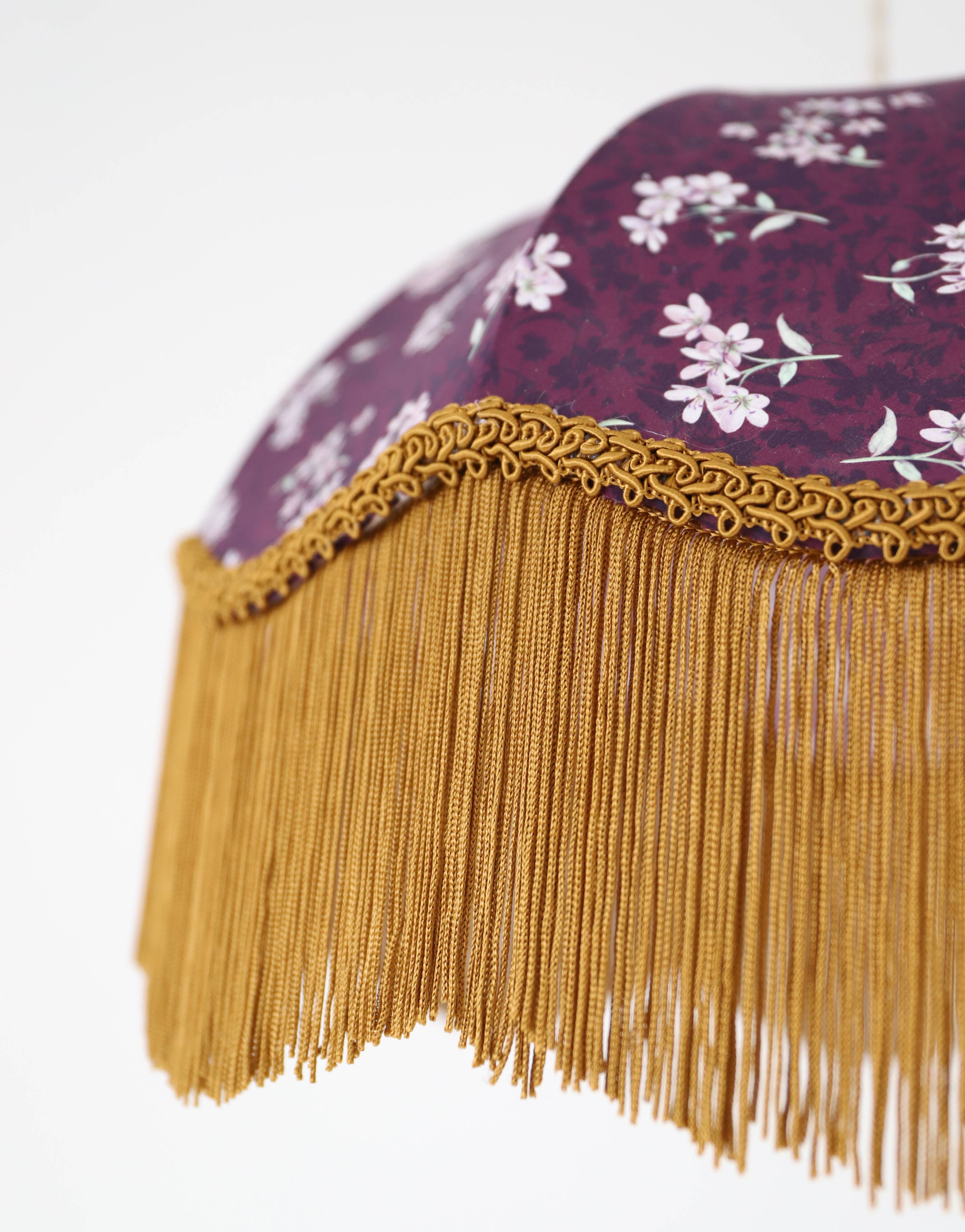 60s-70s pendant light, liberty print umbrella with fringes
