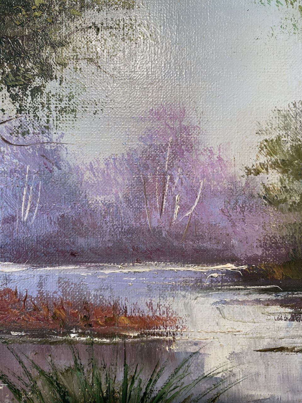 Old painting, landscape at the pond, signed Leroux, XX century