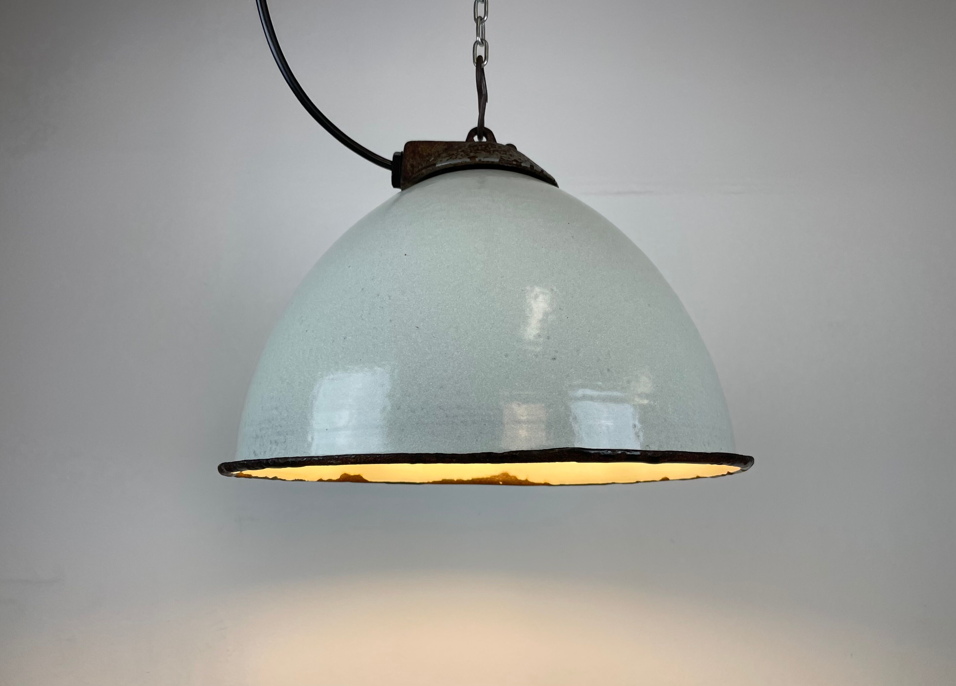 Industrial White Grey Enamel Factory Lamp with Cast Iron Top, 1960s